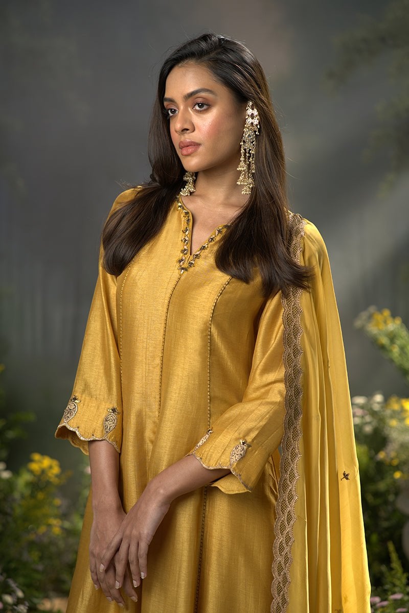 Honey Gold Raw Silk Anarkali Kurta Set with Dupatta