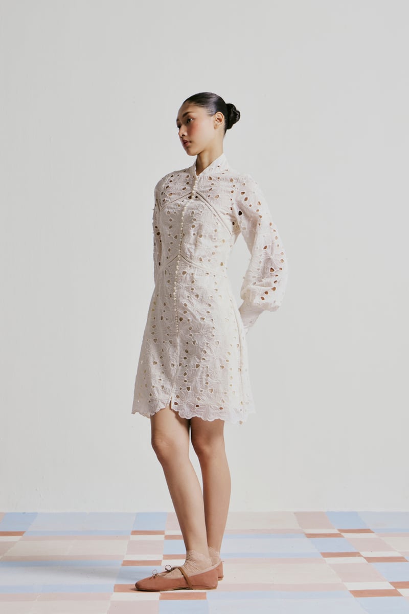 White Lace Mini Dress with Pearl Button Front