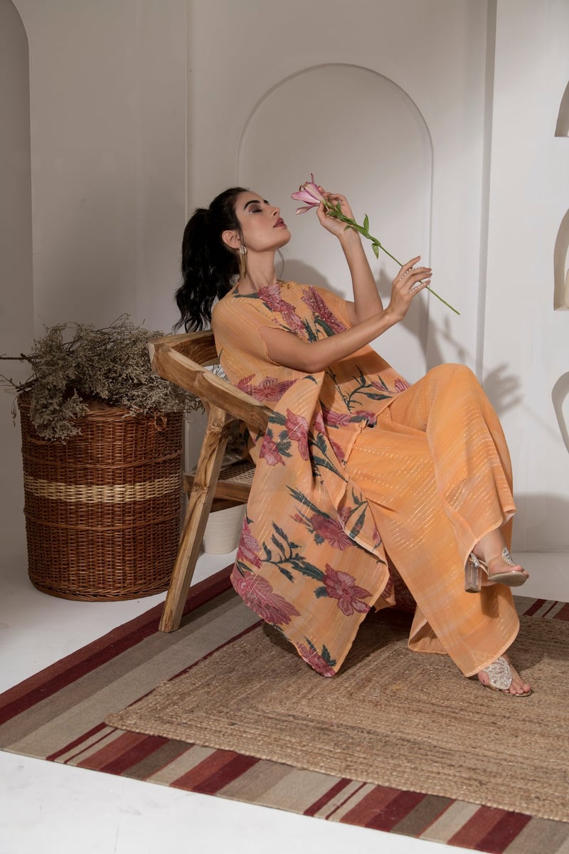 Yellow Floral Lurex Kaftan Kurta Set with Wide-Leg Pants
