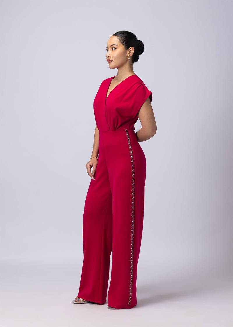 Raspberry Pink V-Neck Wide-Leg Jumpsuit with Rhinestones — Alonge