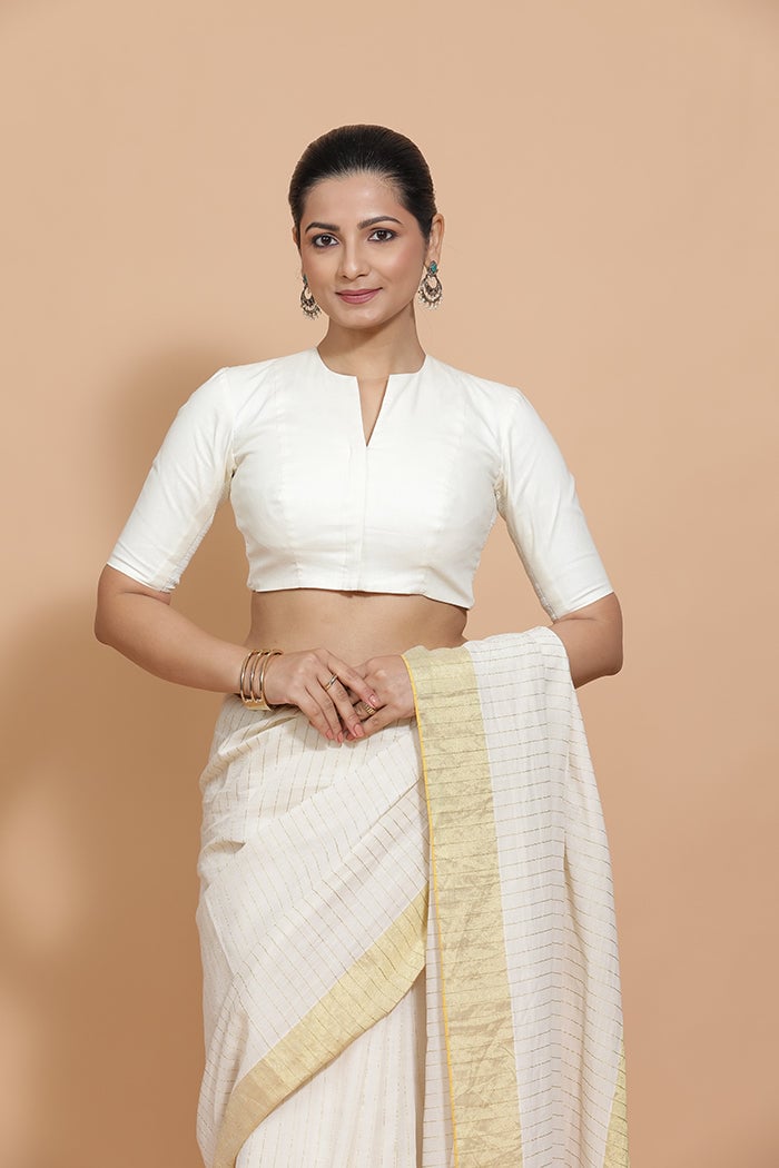 Ivory Mist Cotton Saree Blouse with Round Neck and Elbow Sleeves