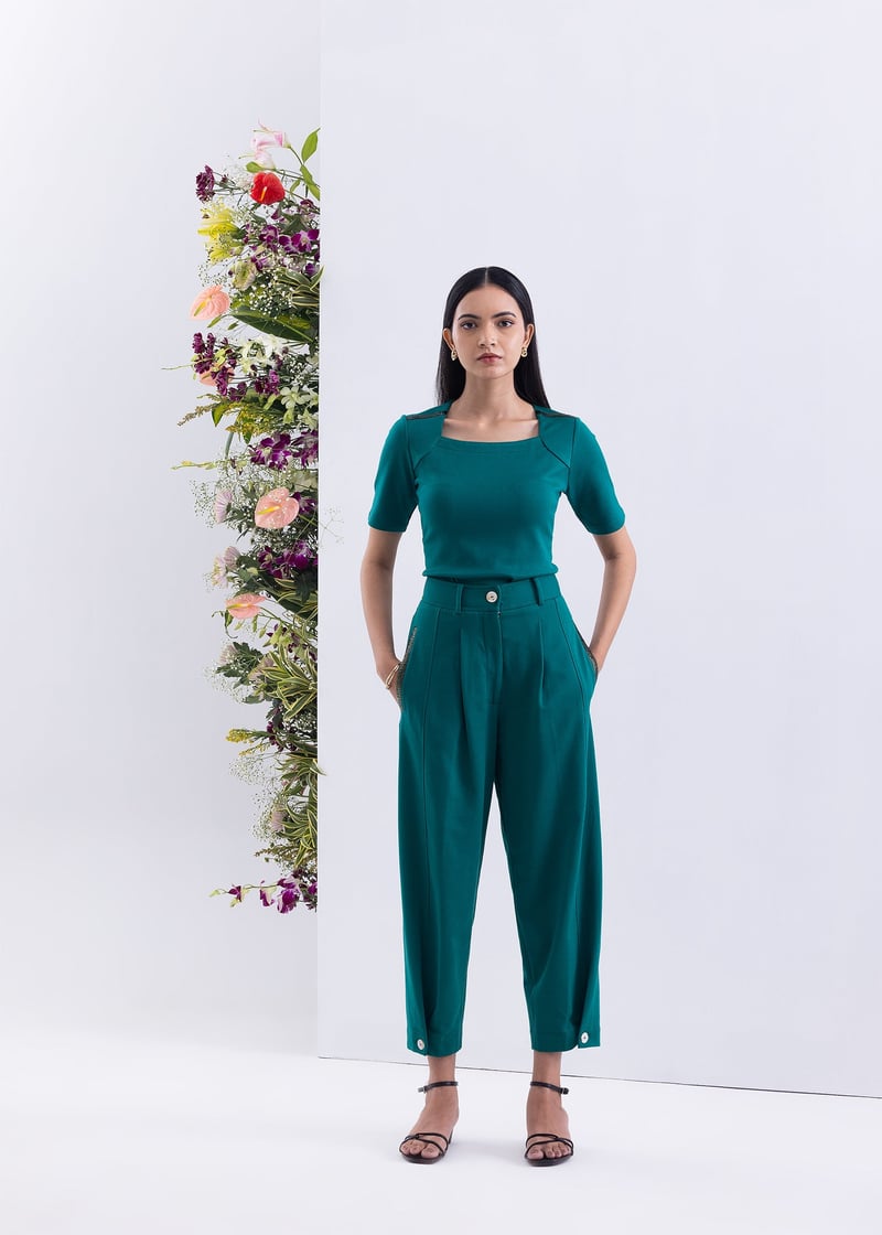 Pine Green High-Rise Barrel-Leg Trousers