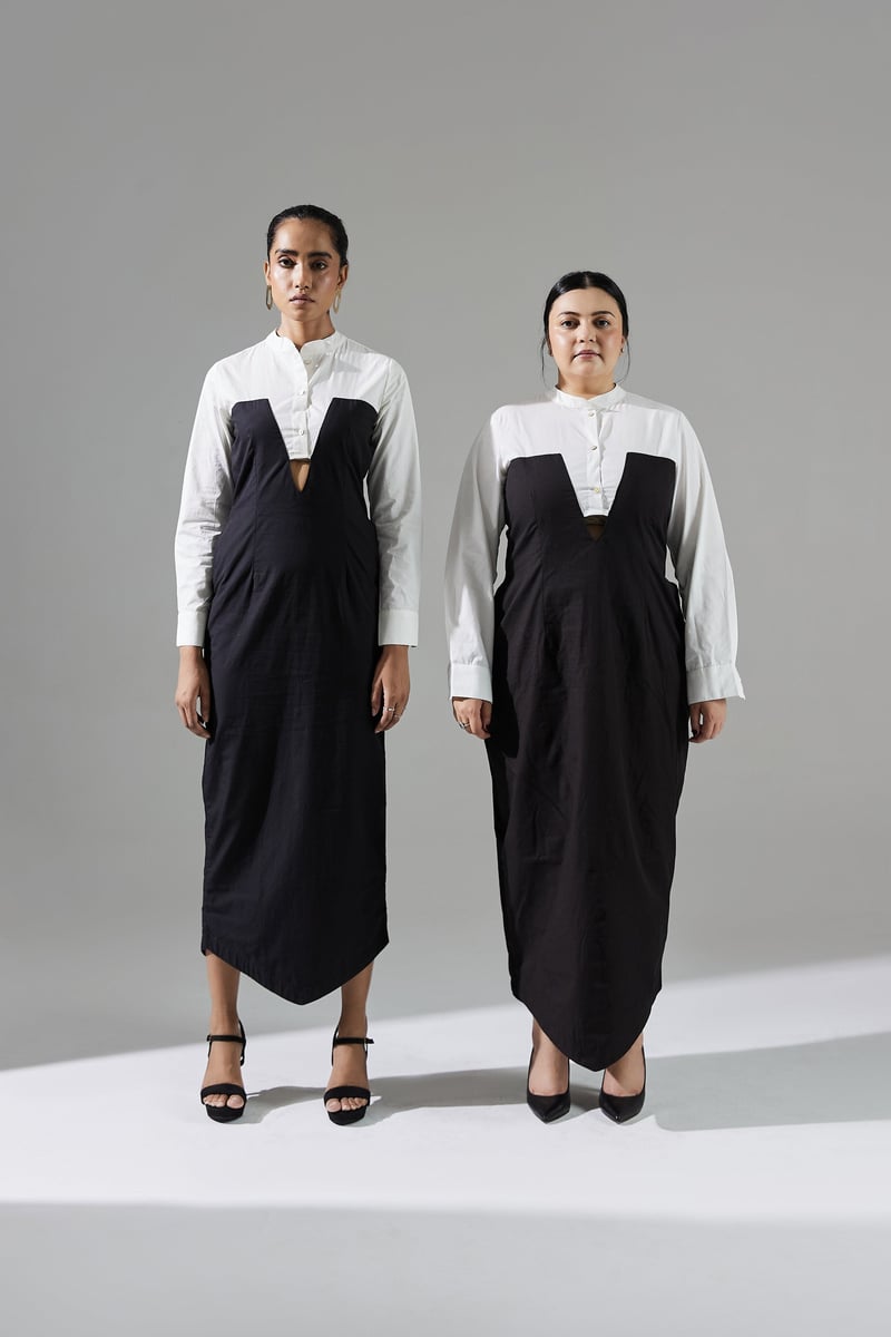 Black and White Colorblock Mandarin Collar Midi Dress