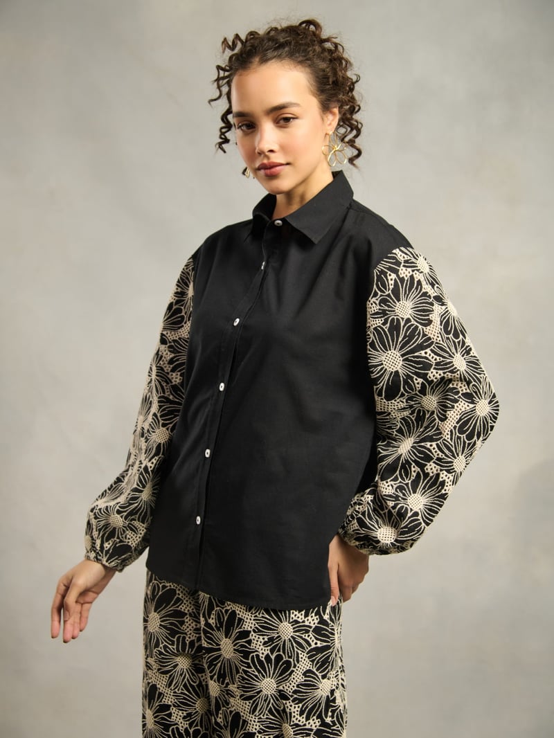 Black Cotton Schiffli Cutwork Sleeve Button-Down Shirt