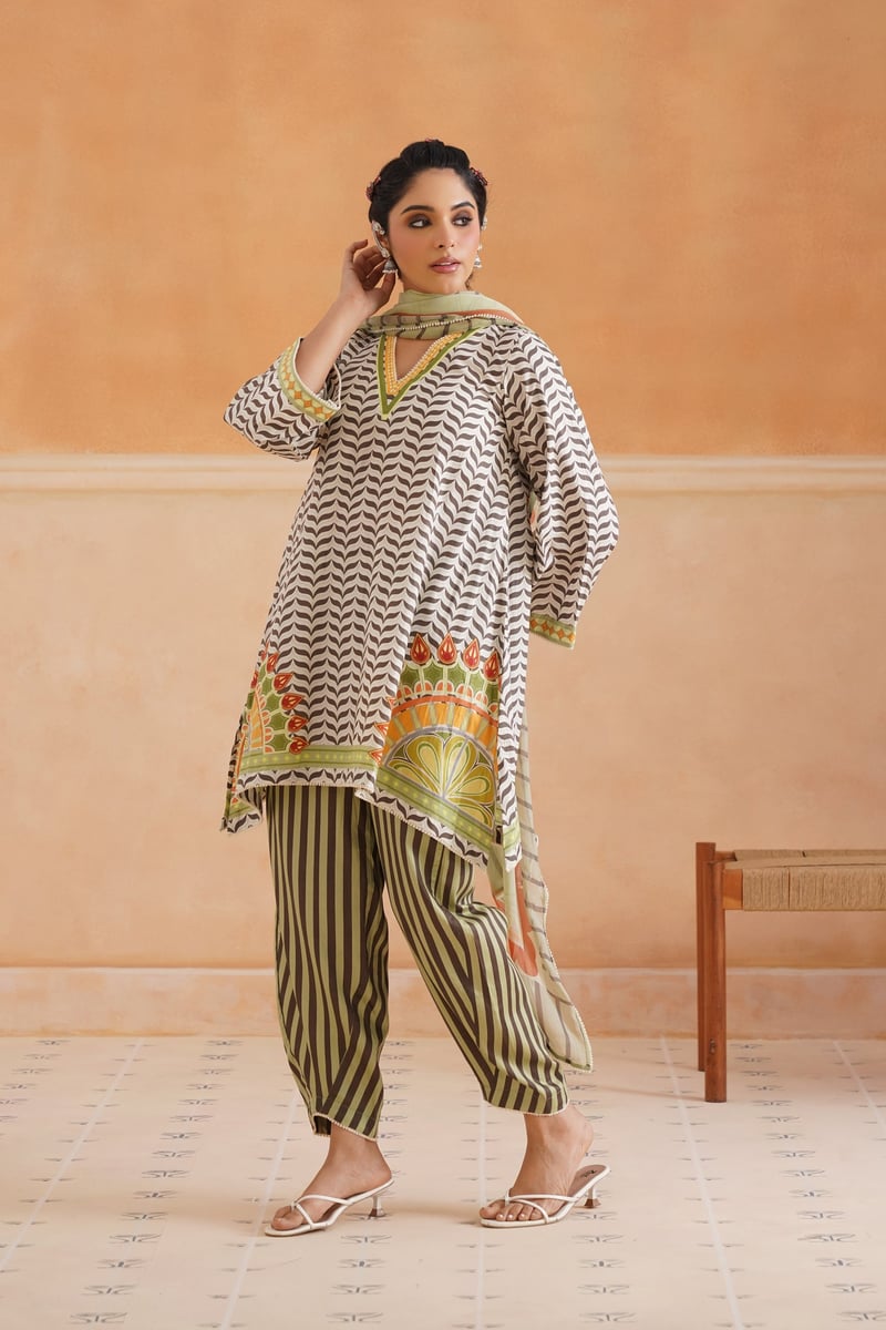 Green Chevron Print Kurta Set with Dupatta