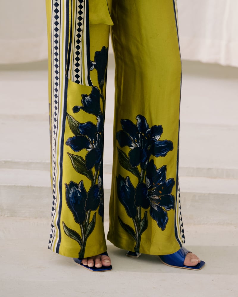 Green Wide-Leg High-Waist Floral Printed Trousers