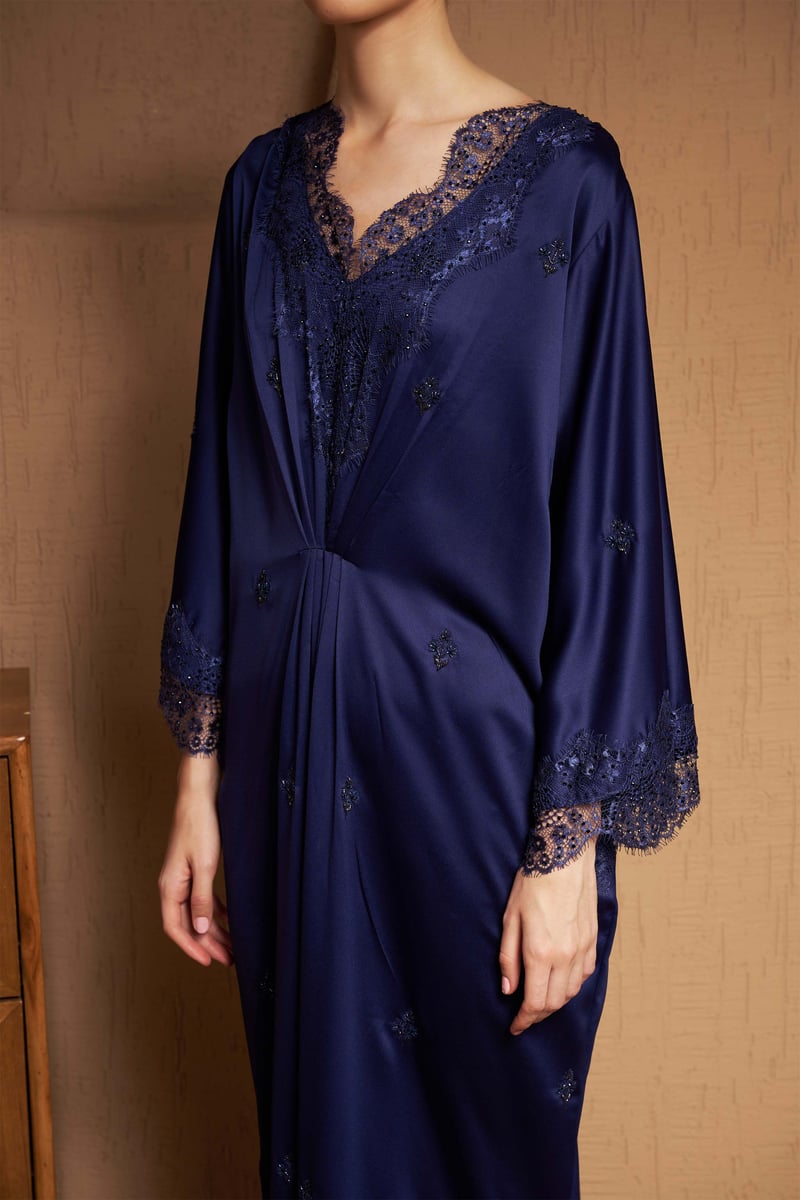 Navy Blue Italian Satin Lace-Trim Maxi Kaftan