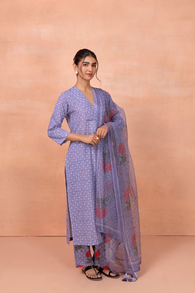 Purple Printed Cotton Kurta Set with Dupatta