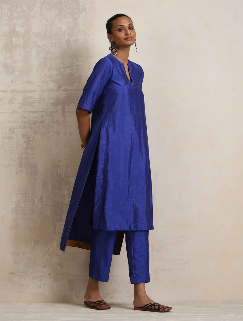 Blue Silk High Slit Kurta Set