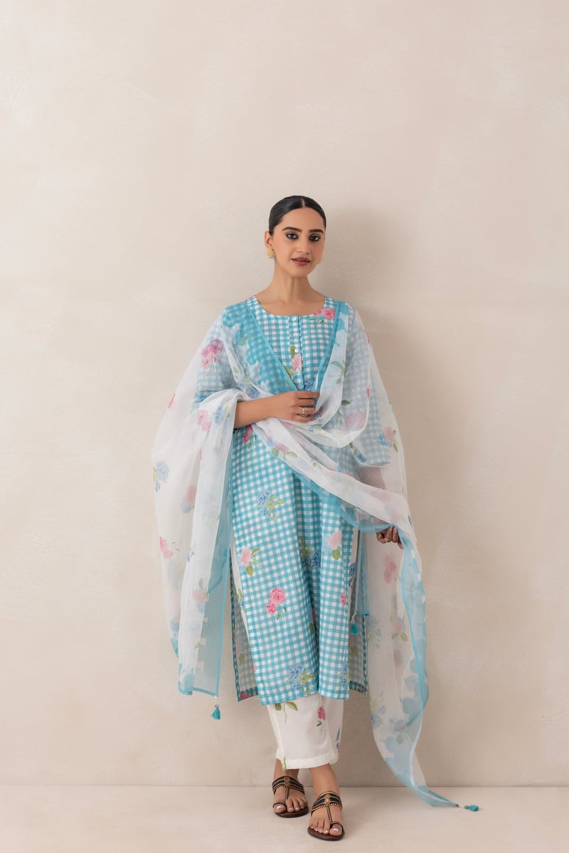 Pastel Turquoise Gingham Printed Cotton Kurta Set