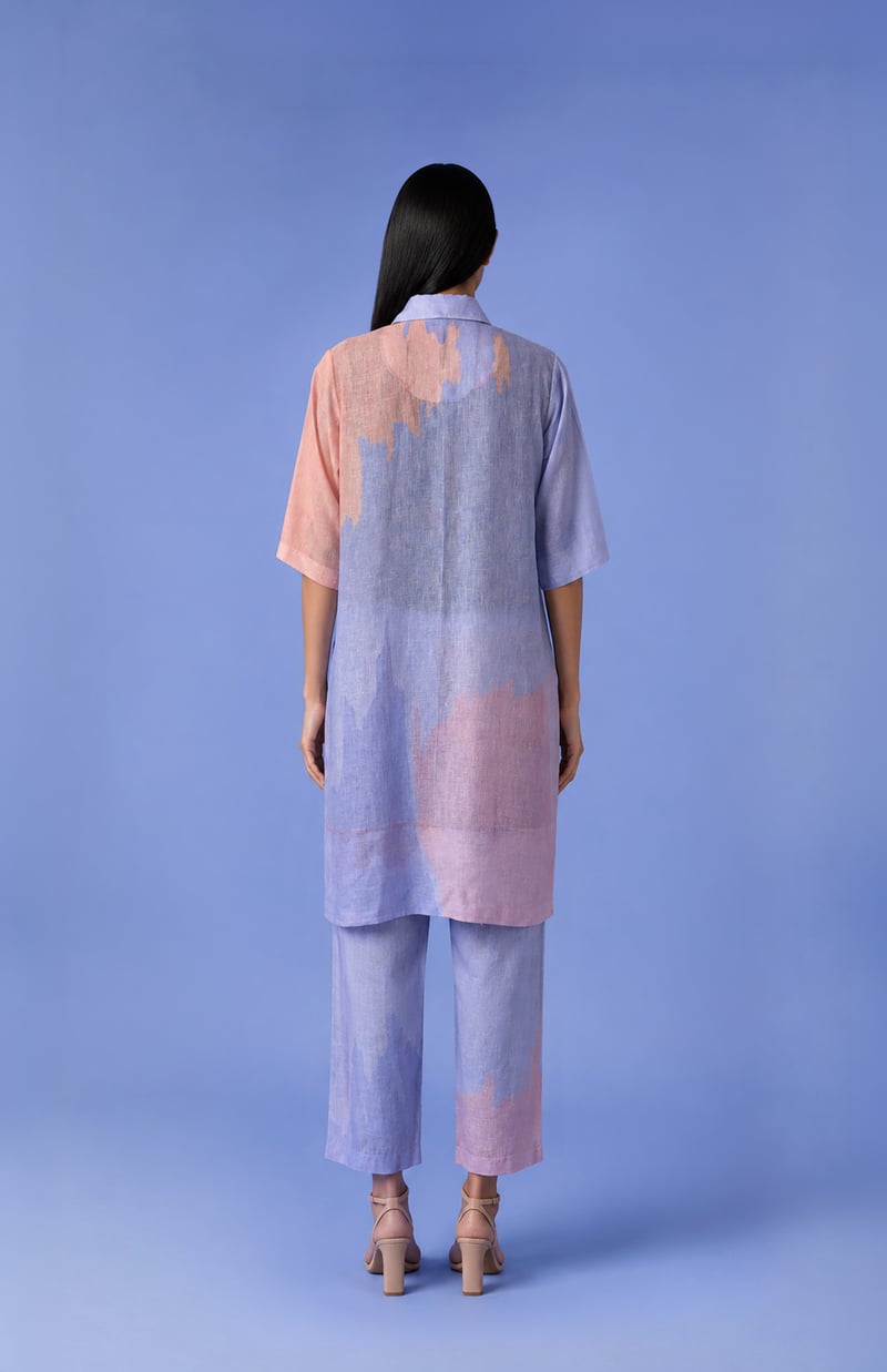Sky Blue Floral Printed Korean Linen Kurta Set