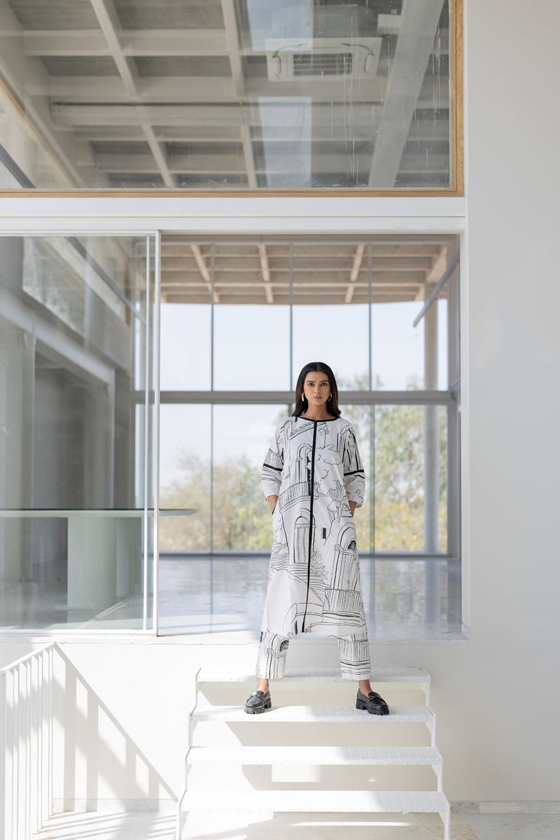 White Monochrome Printed Cotton Poplin Kurta Set