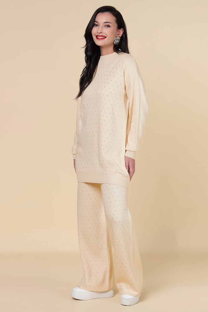 Ivory Embellished Knit Co-ord Set with Wide-Leg Pants