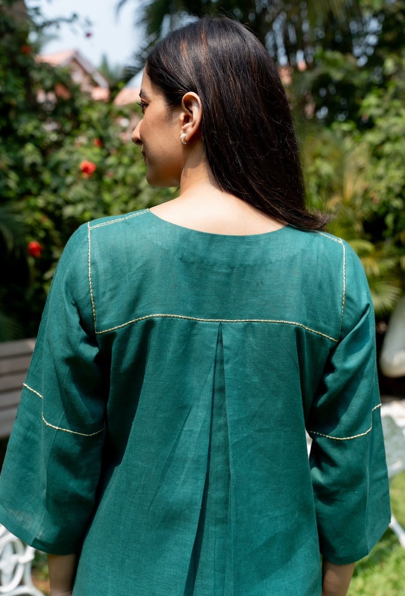 Pine Green Linen Straight Kurta Set with Yoke Embroidery
