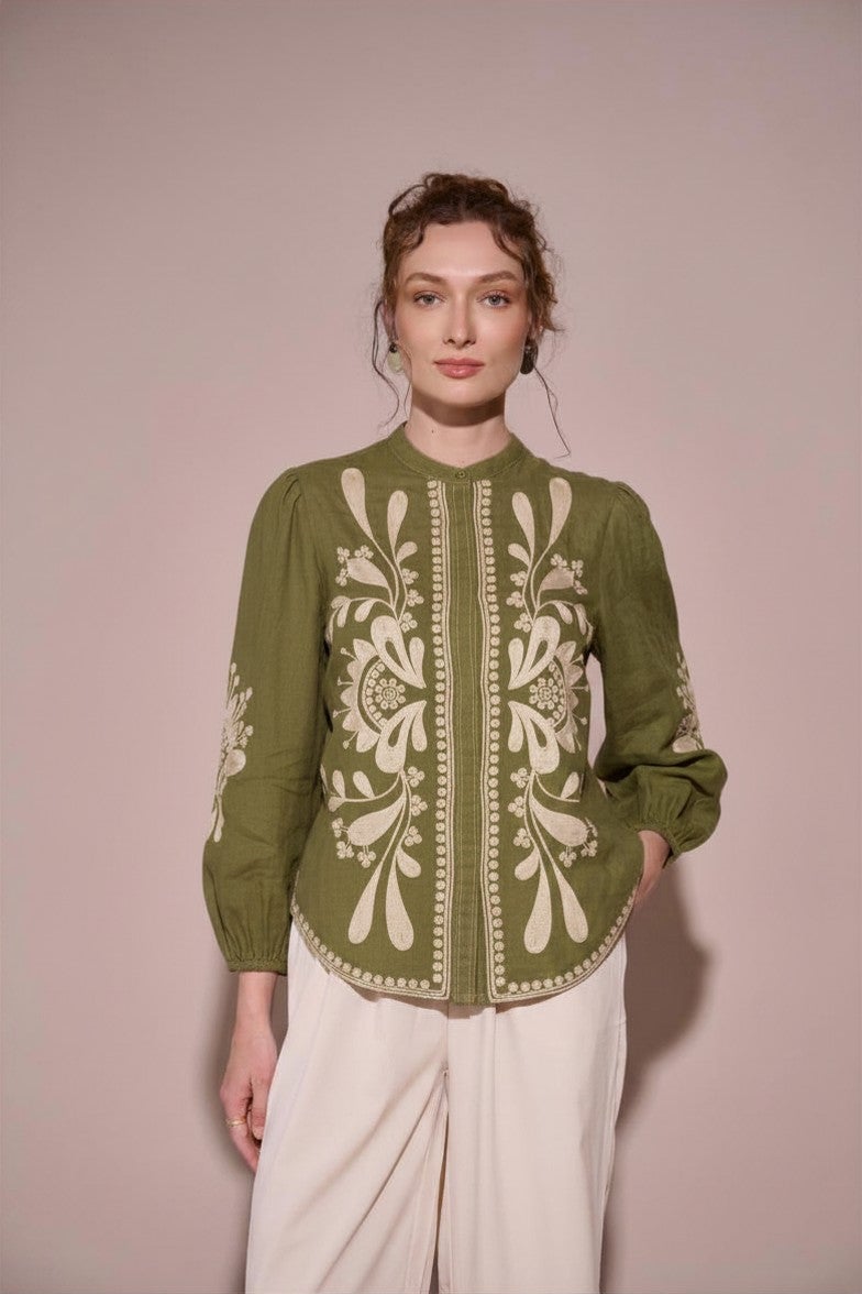 Green Linen Embroidered Mandarin Collar Blouse