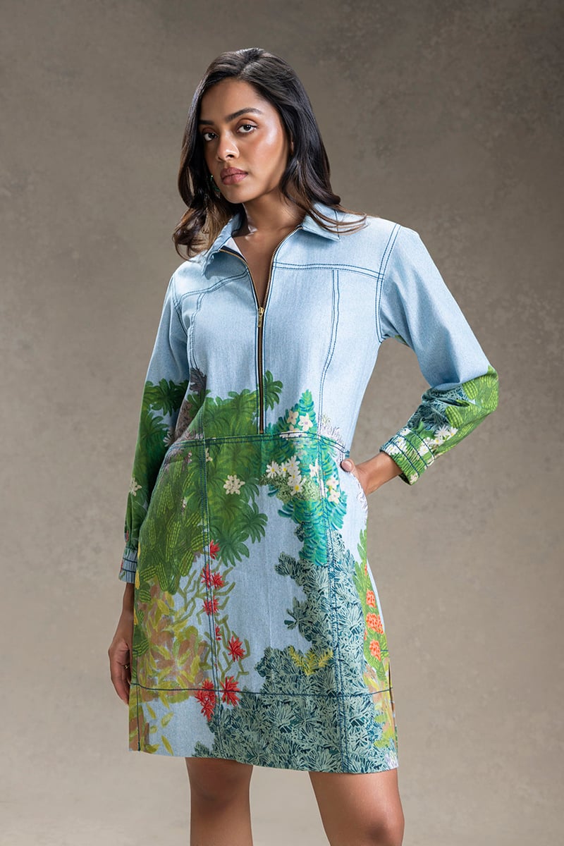 Blue Botanical Print Zip-Front Boxy Dress
