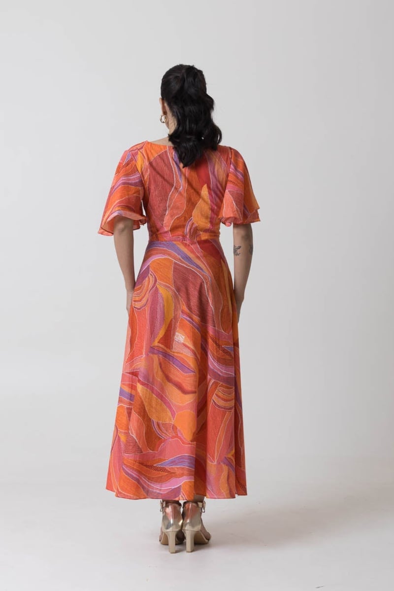 Orange Multicolor Abstract Print Fit and Flare Midi Dress