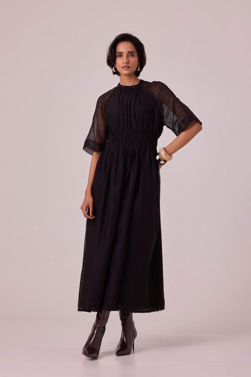 Black Handwoven Chanderi Maxi Dress with Ruched Waist