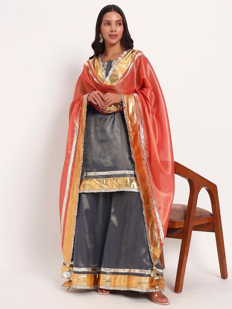 Grey-Blue Cotton Tissue Sharara Kurta Set with Dupatta — Gotta Kinari