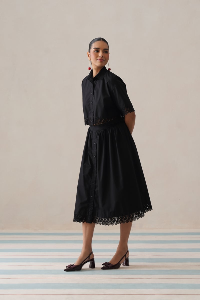 Black Cotton Co-ord Set with Cropped Shirt and Midi Skirt