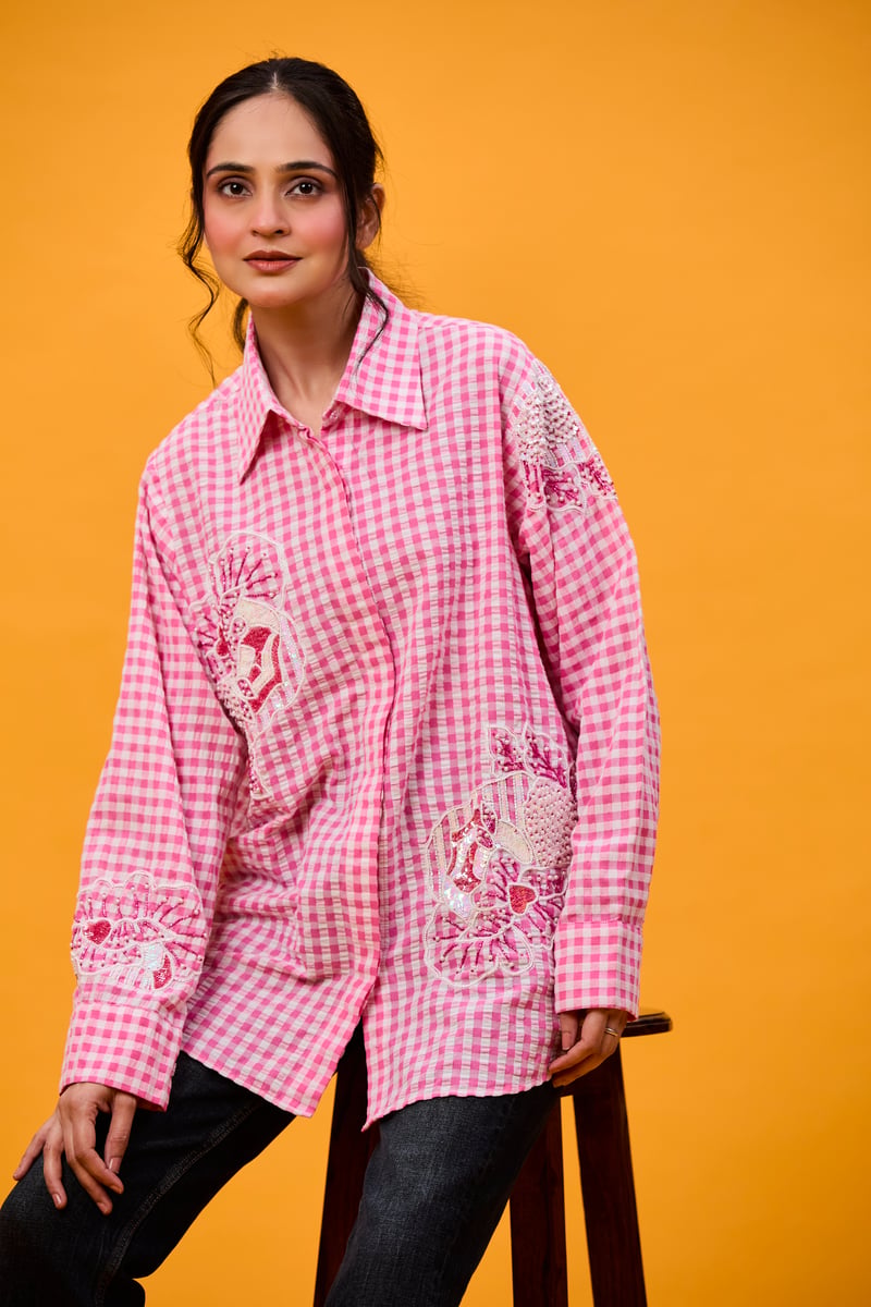 Pink seersucker rose shirt