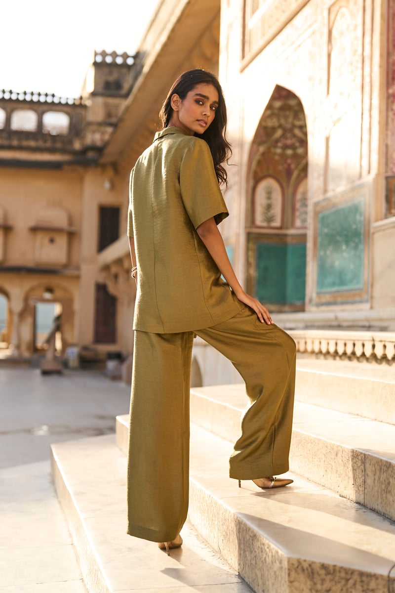 Olive Metallic Lamé Twill Straight-Leg Trousers