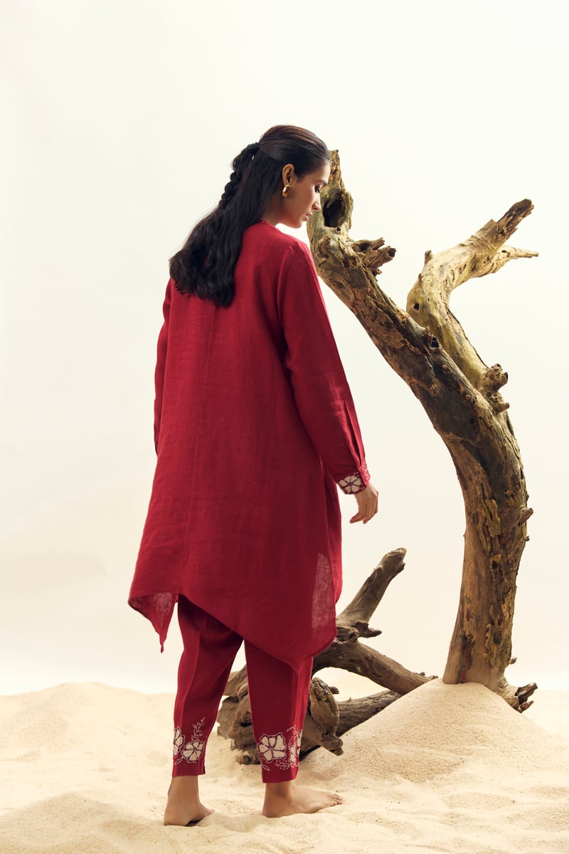 Crimson Linen Tunic and Tapered Pants Co-ord Set