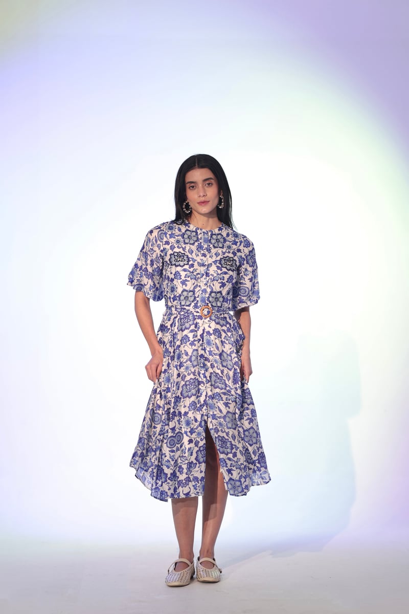 White and Blue Floral Belted Button-Front Midi Dress