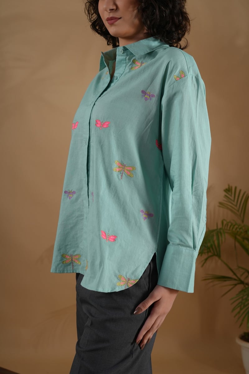 Mint Oversized Bug Embroidered Cotton Linen Shirt