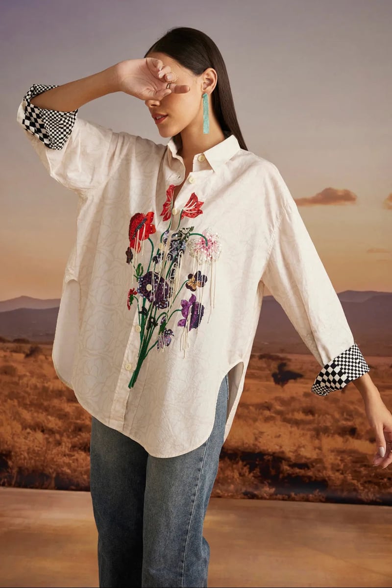 Beige Cotton Poplin Floral Embellished Longline Shirt