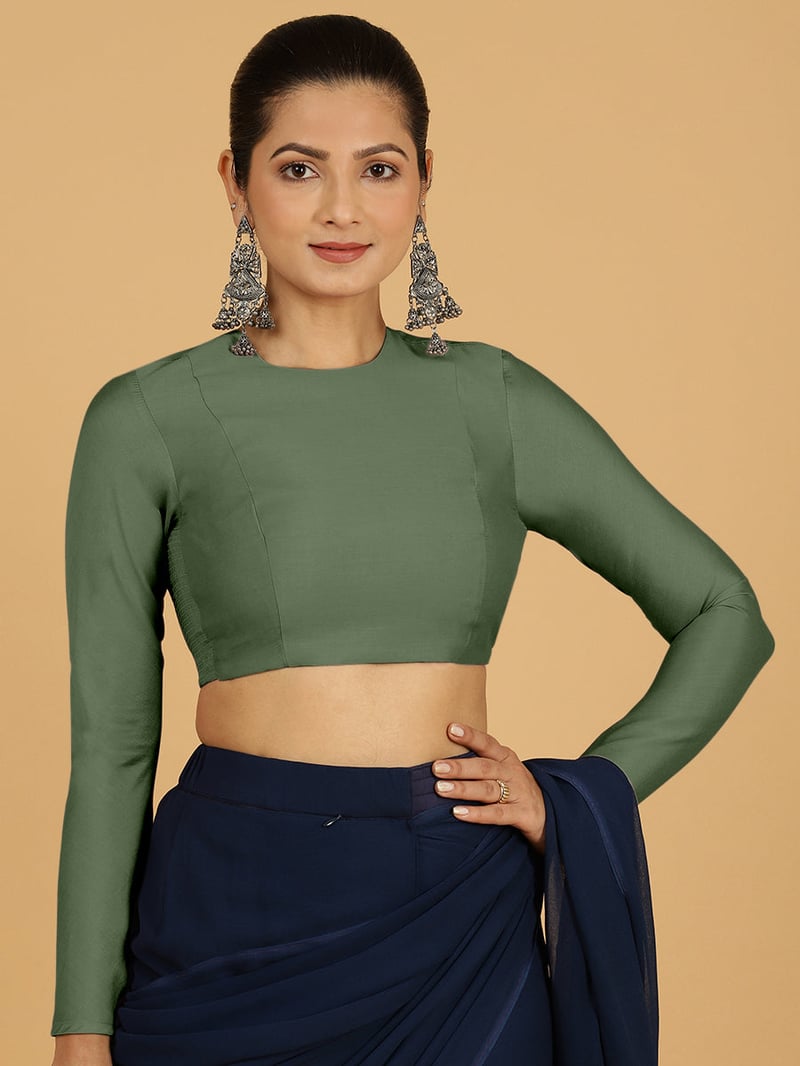 Hunter Green Full Sleeve Round Neck Saree Blouse