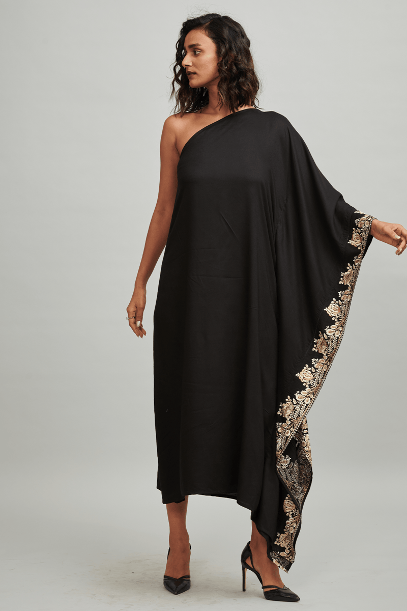 Black One-Shoulder Embroidered Border Kaftan Dress
