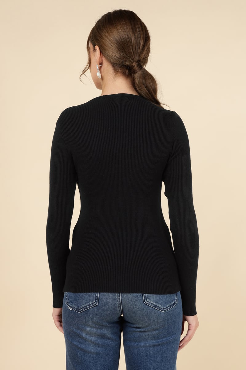Black Rib-Knit V-Neck Sweater with Pearl Trim