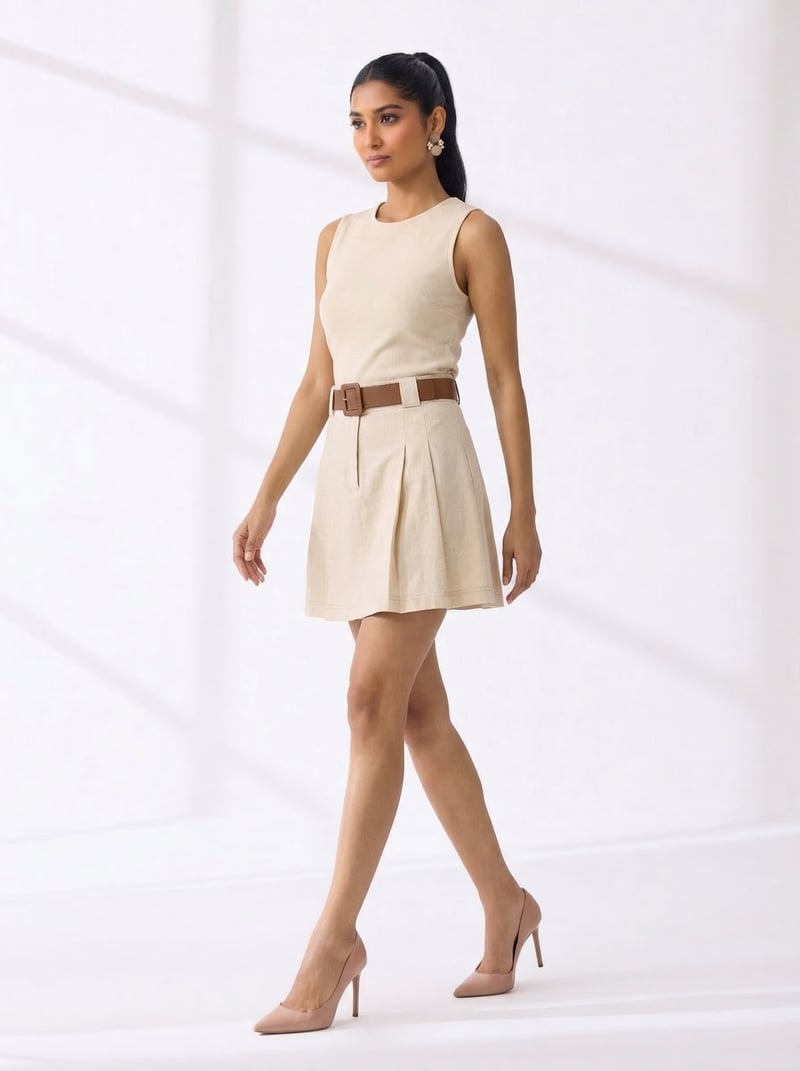Beige Pleated A-Line Mini Skirt with Belt