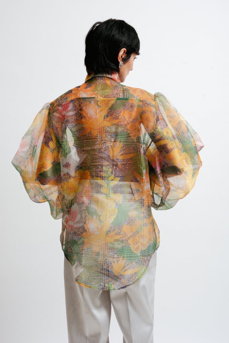 Sheer Organza Abstract Print Balloon Sleeve Shirt