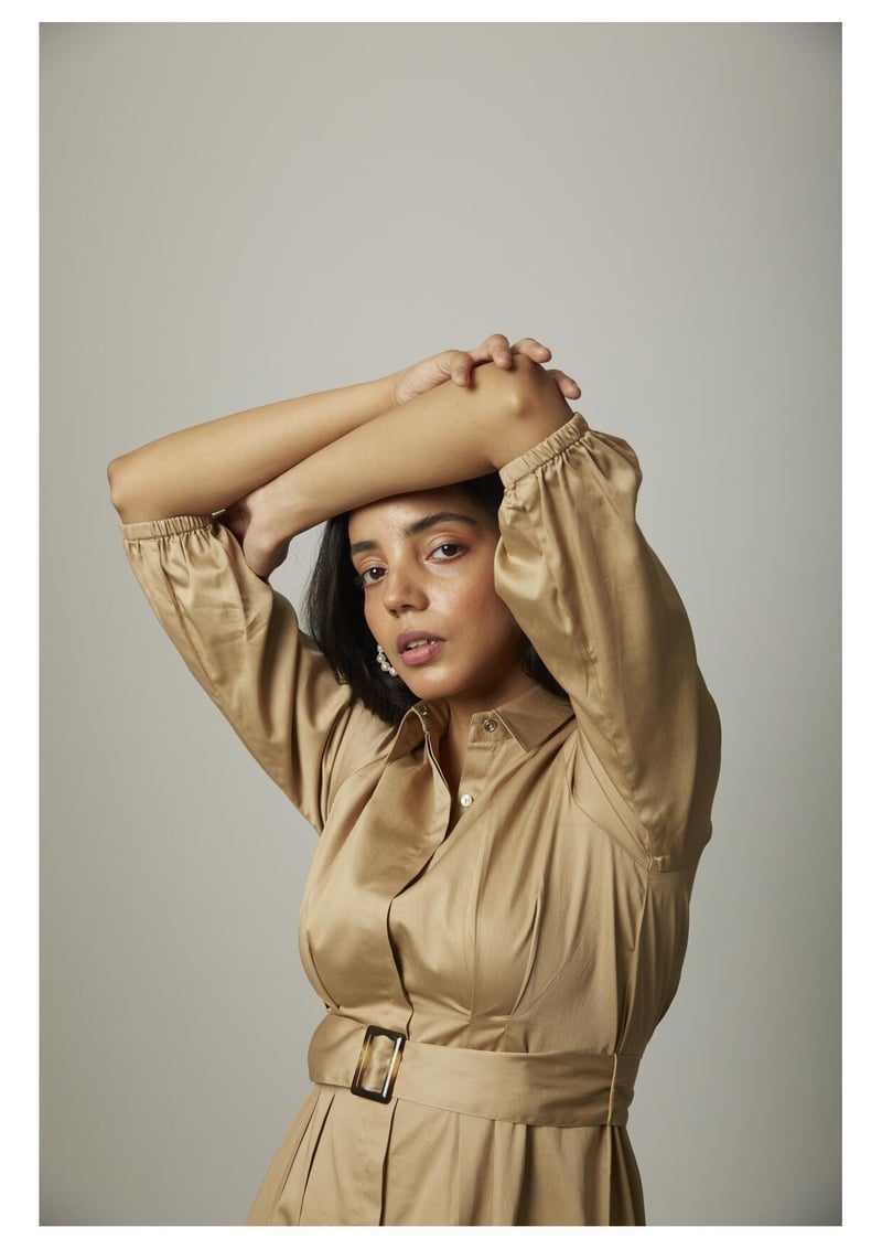 Gold Cotton Satin Belted Midi Shirt Dress