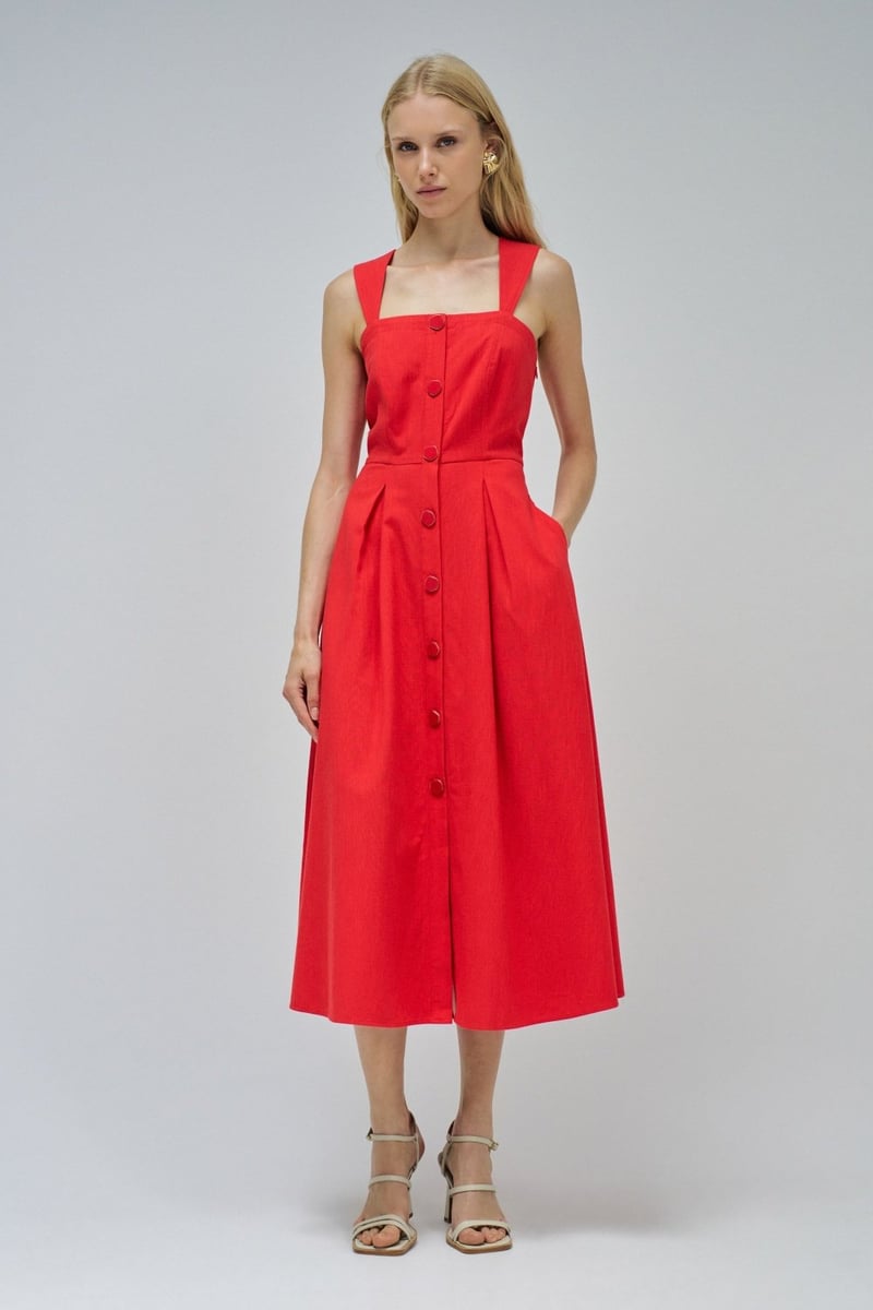 Red Fit and Flare Midi Dress with Button Front