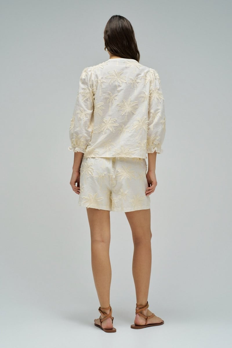 Light Pearl Palm Embroidered V-Neck Top