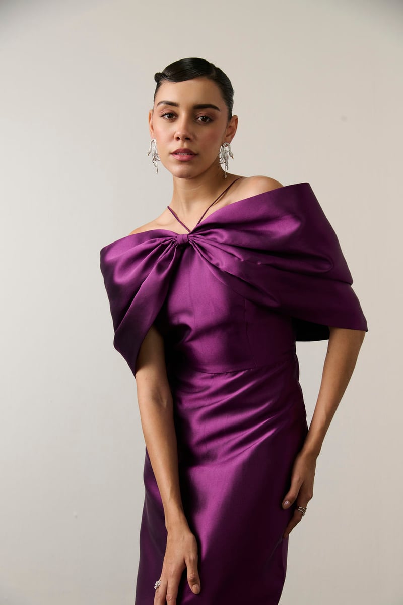 Purple Satin Off-Shoulder Bow Sheath Midi Dress