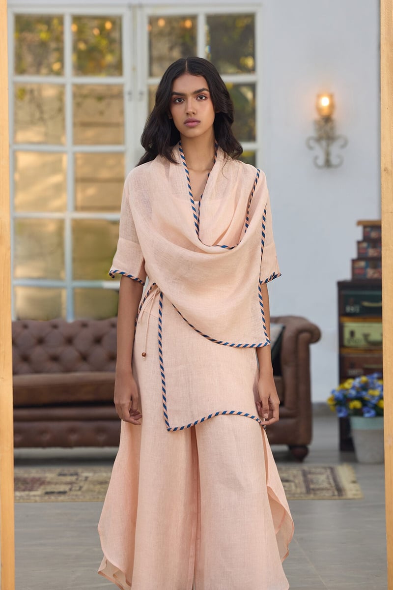 Peach Linen Cape with Contrast Edge Trim