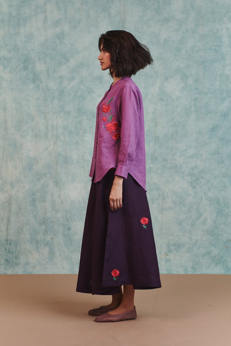 Berry Linen Embroidered Round Hem Shirt