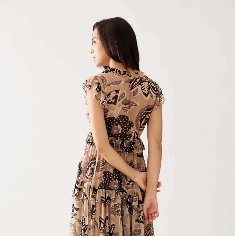 Cream And Dark Brown Floral Midi Dress