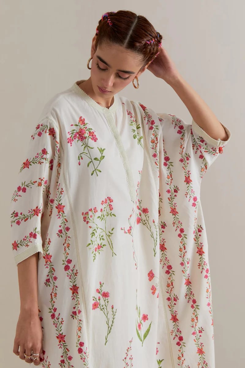 Off-White Pink-Green Floral Cotton Kaftan