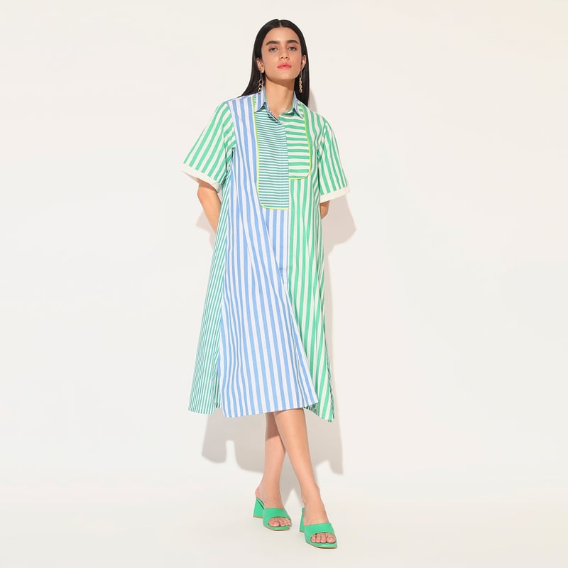 Blue Green Striped Panelled Cotton Midi Shirtdress — Linetribe