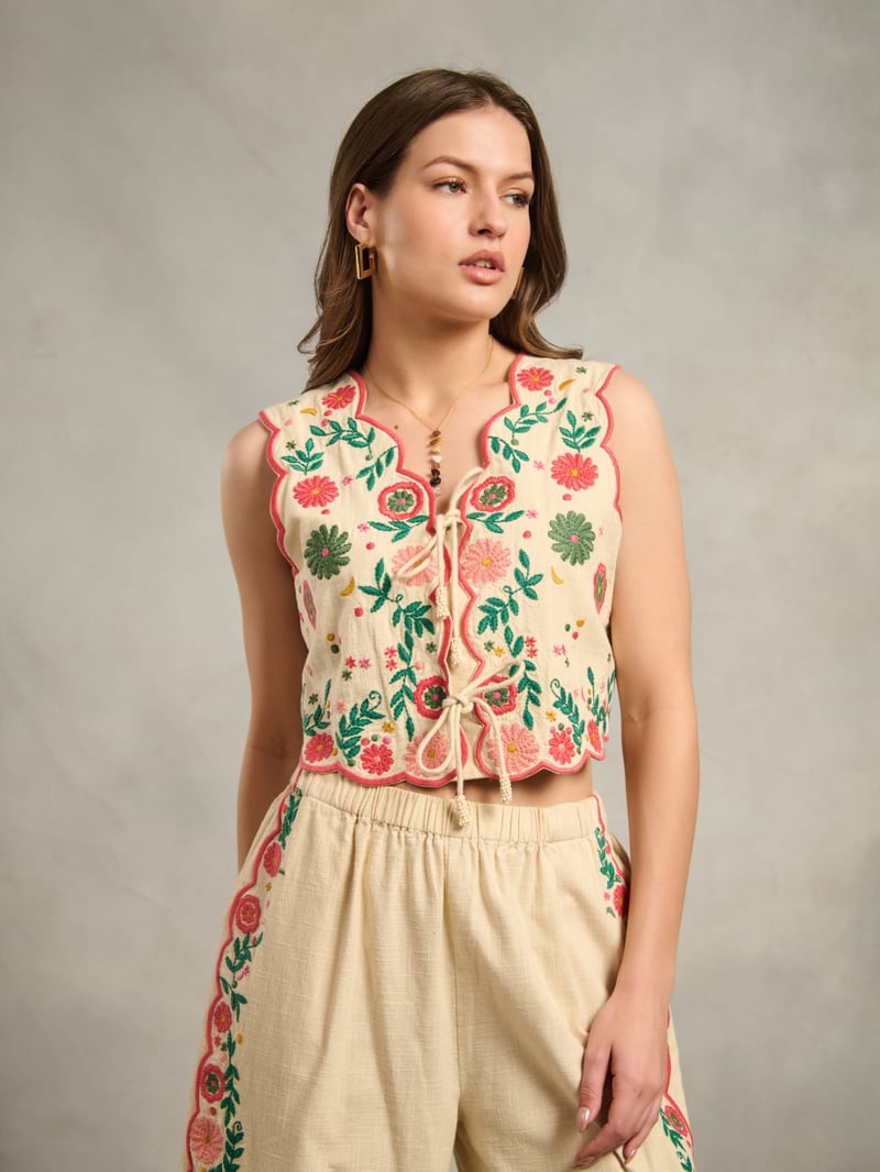 Cream Embroidered Tie-Up Crop Top