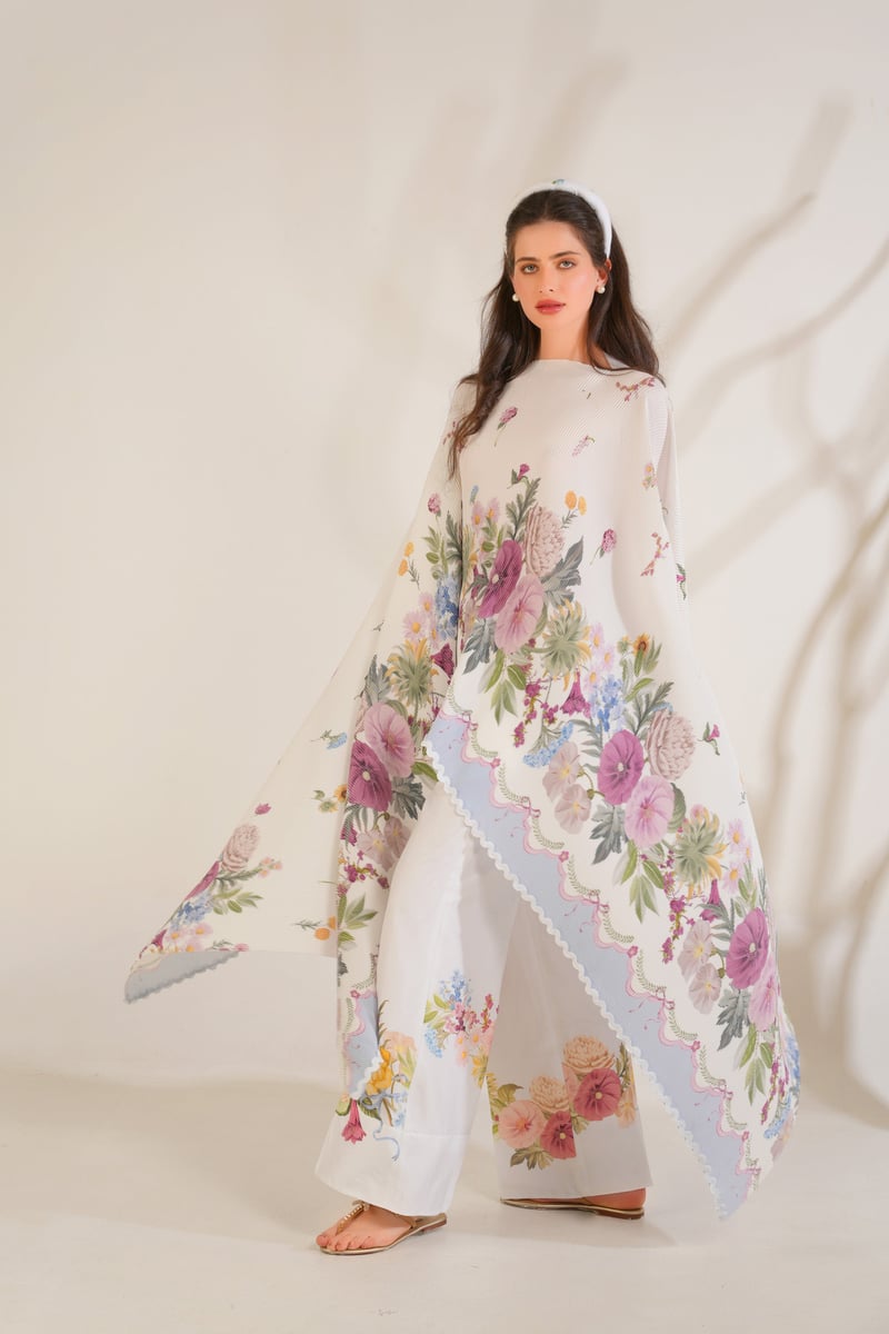 White Floral Pleated Cape and Trouser Co-ord Set