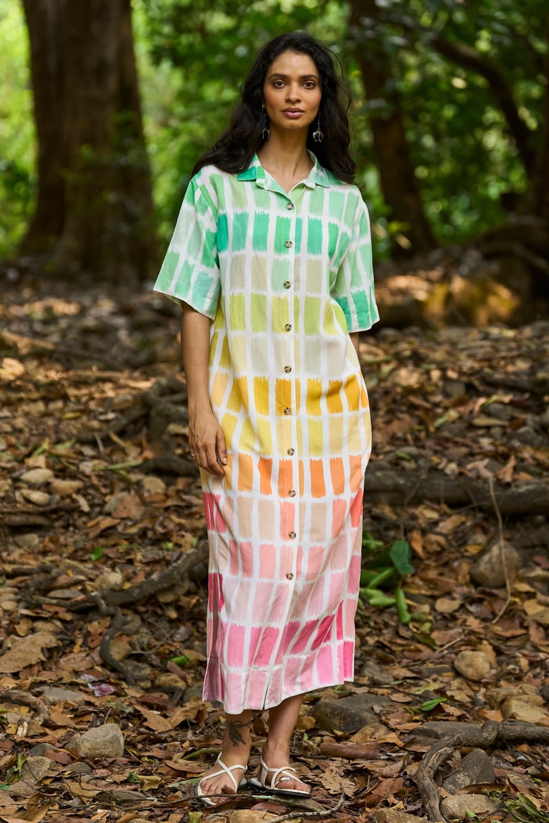 Multicolor Printed Midi Shirt Dress with Button-Down Front