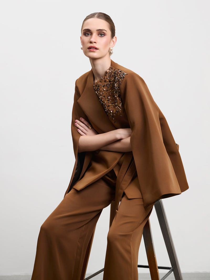 Mocha Brown Embellished Blazer Cape with Tie Belt