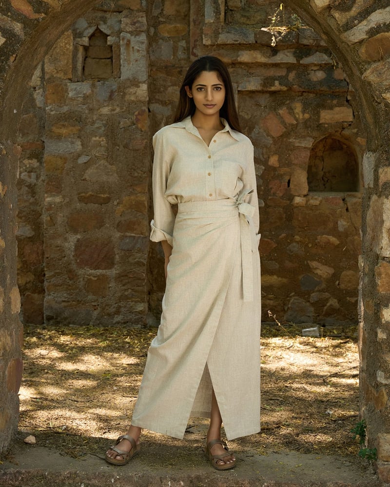 Beige Linen Shirt and Wrap Maxi Skirt Co-ord Set