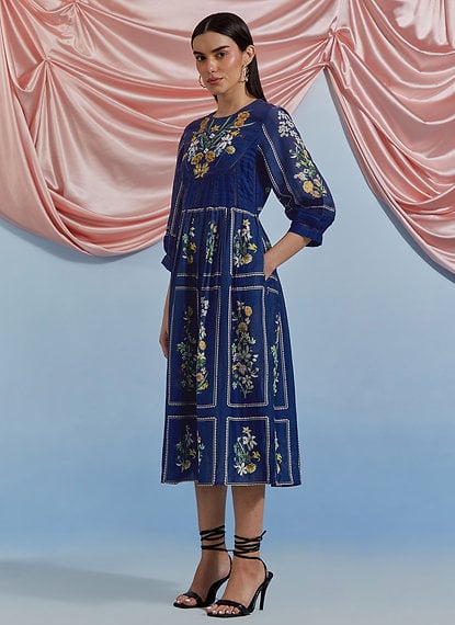 Cobalt Blue Floral Printed Fit and Flare Midi Dress